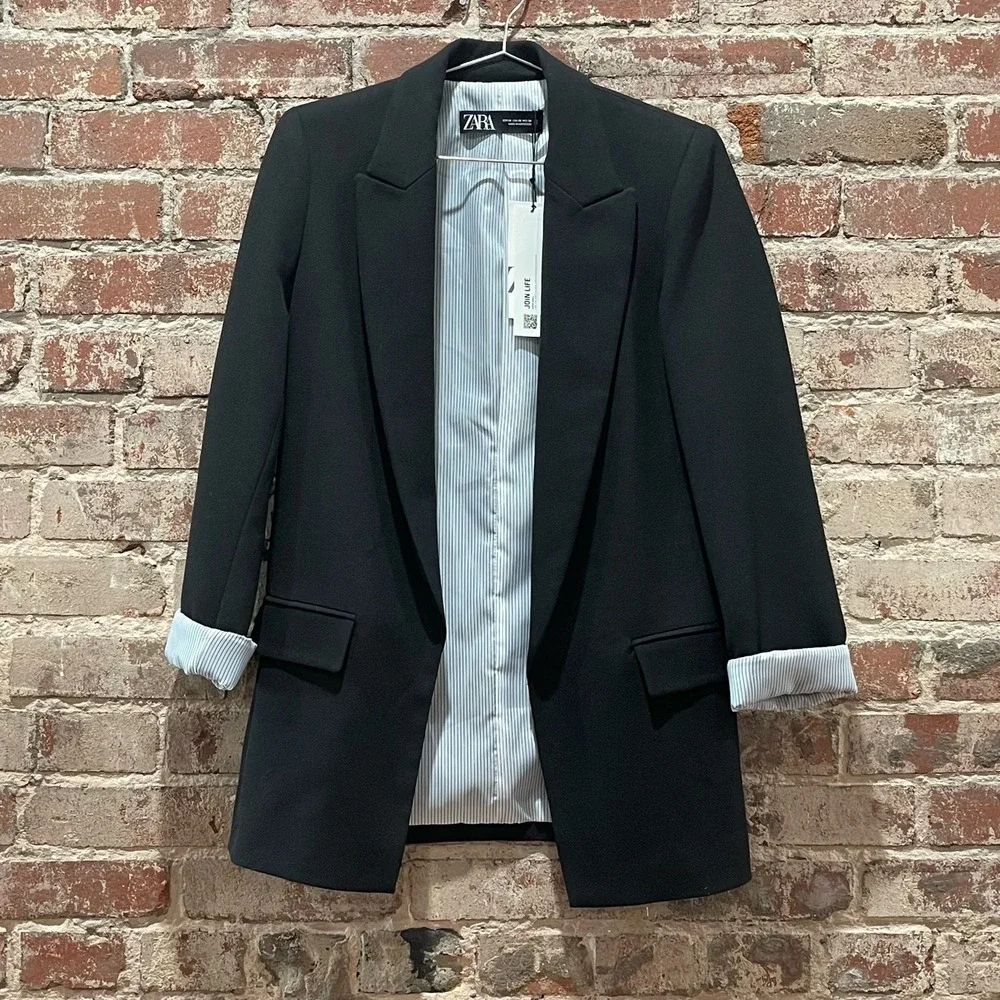 NEW‎ Zara Printed Cuff Blazer in Black Size XS